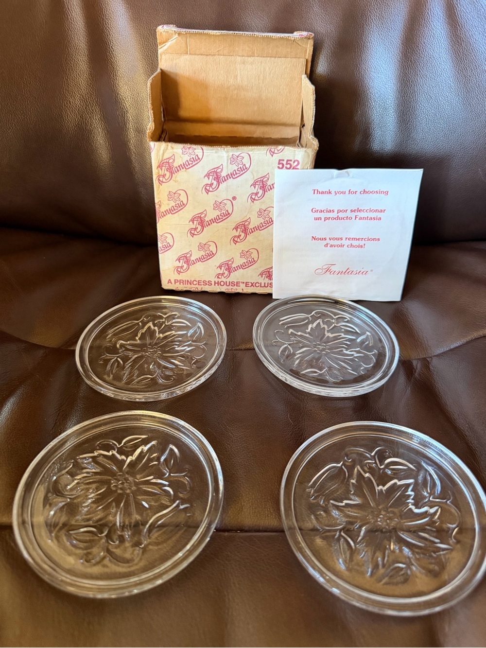 Princess House Fantasia #552 Clear Glass Floral Coasters - Set of 4 NIB